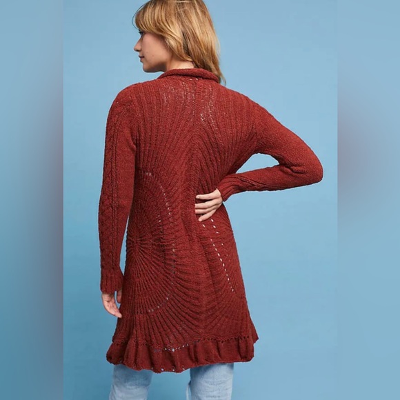 ROSIE NEIRA ANTHROPOLOGIE Rust Crochet Cotton Knit Open Longer Cardigan Duster M - Picture 2 of 14